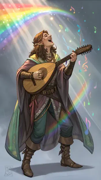 A colorful phone wallpaper depicting a bard joyfully singing and playing a lute under a vibrant rainbow, with musical notes floating in the air around them.