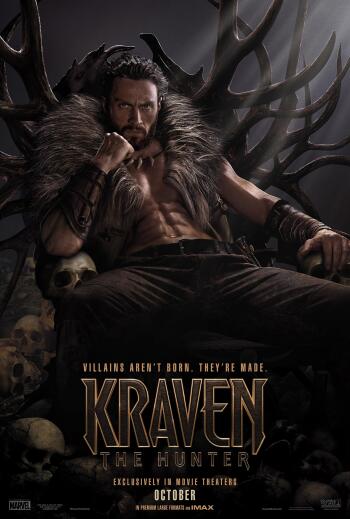 A dramatic phone wallpaper featuring Aaron Taylor-Johnson as Kraven the Hunter, seated among skulls and ominous shadows, with the tagline Villains aren't born, they're made.