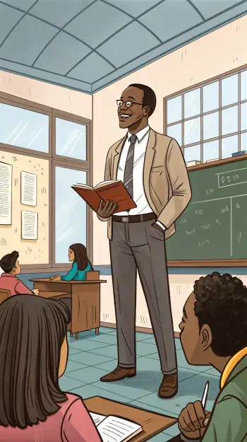 An engaging teacher stands confidently in a classroom, holding a book while addressing students, set against a backdrop of a chalkboard and classroom decor. Ideal as a phone wallpaper.