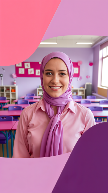 A smiling teacher in a pink shirt and hijab stands in a brightly lit classroom with colorful desks, creating an inviting and warm atmosphere. Ideal as a phone wallpaper.