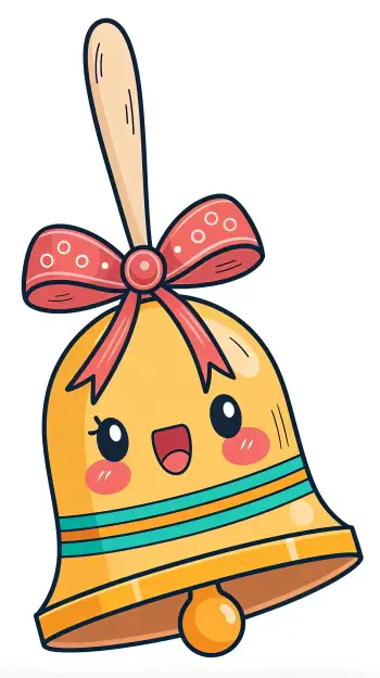 A cheerful cartoon bell with a red bow, featuring a smiling face and colorful stripes, designed as a playful phone wallpaper.