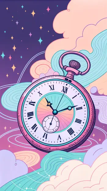 A colorful pocket watch floats among whimsical clouds and stars in this vibrant phone wallpaper, blending elements of time and dreamlike fantasy.