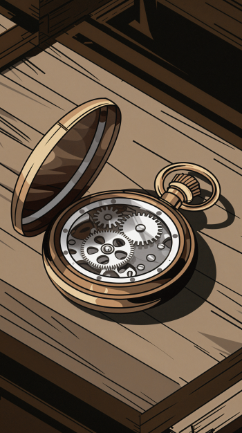 A close-up illustration of an open pocket watch revealing intricate gears, set against a wooden background, designed as a stylish phone wallpaper.