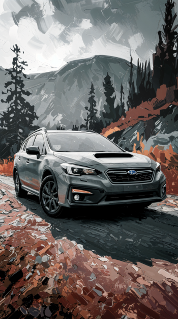 A stylized phone wallpaper featuring a Subaru vehicle on a rugged mountain road, surrounded by trees and a dramatic landscape. Perfect for car enthusiasts.