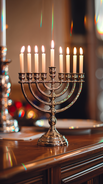 A beautifully lit menorah with nine candles stands on a wooden table, creating a warm ambiance for Hanukkah celebrations, perfect as a phone wallpaper.
