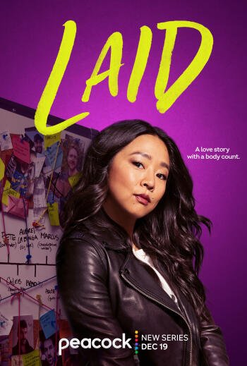 A vibrant phone wallpaper featuring the show Laid (2024) with a woman in a leather jacket, set against a purple background and a collage hinting at a comedic love story.