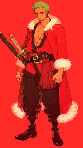 Roronoa Zoro from One Piece stands confidently in a red outfit with white fur trim, holding a sword, against a bold red background. This vibrant anime wallpaper showcases his striking presence.