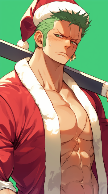 Roronoa Zoro from One Piece dons a festive Santa outfit, exuding a fierce expression. This vibrant anime Christmas wallpaper features bold green accents and highlights Zoro's iconic character.