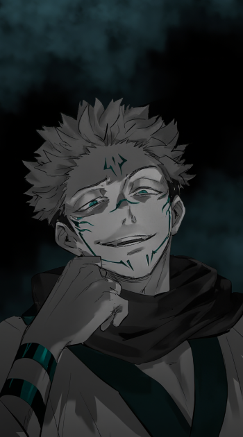 A striking phone wallpaper featuring Sukuna from Jujutsu Kaisen, showcasing his signature mischievous smile and detailed markings against a dark, atmospheric background.