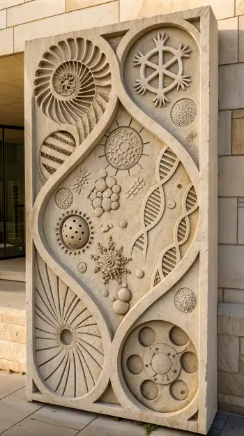 A decorative stone panel featuring intricate designs inspired by biology, including DNA strands, cells, and various organic shapes, serves as an engaging phone wallpaper.