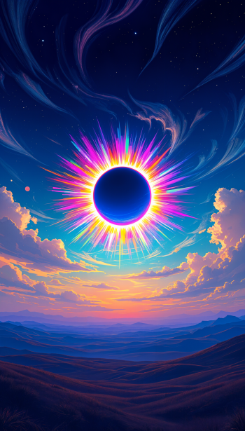 A vibrant digital wallpaper featuring a solar eclipse, showcasing a black sun surrounded by colorful rays against a twilight sky, with mountains and clouds below.