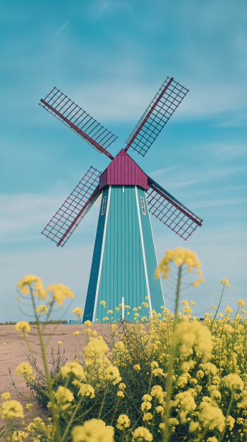 Phone wallpaper image of a vibrant windmill with red blades set against a blue sky and yellow flowers in a rural landscape, designed for both iPhone and Android screens.
