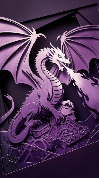 A striking phone wallpaper featuring a majestic purple dragon with fierce wings, breathing fire, perched on a pile of treasures. Bold and captivating design.