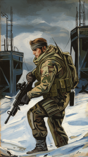 A rugged soldier in camouflage gear carries a rifle in a snowy landscape, set against industrial structures, capturing the intense atmosphere of Metal Gear Solid. Perfect as a phone wallpaper.