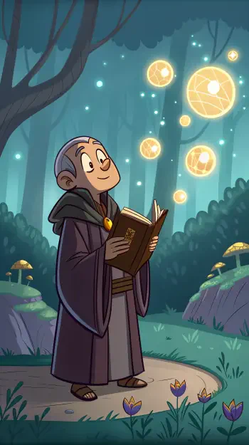 A serene cartoon scene features a wise figure reading a book in a mystical forest, surrounded by glowing orbs, embodying wisdom. This image serves as an inspiring phone wallpaper.