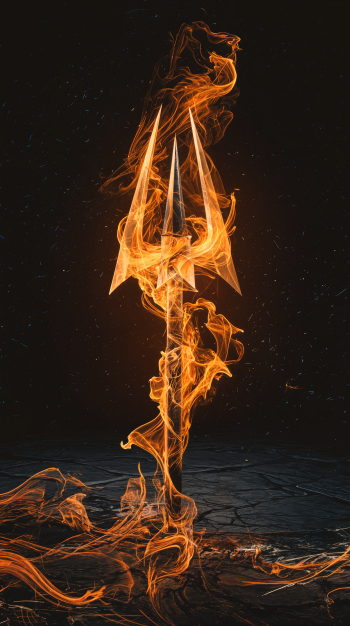 A fiery trident emerges from swirling flames against a dark background, creating a striking and dynamic phone wallpaper.
