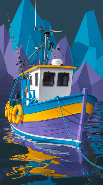 A vibrant fishing boat with yellow and blue accents floats on reflective water, set against a backdrop of geometric blue mountains, perfect for a phone wallpaper.