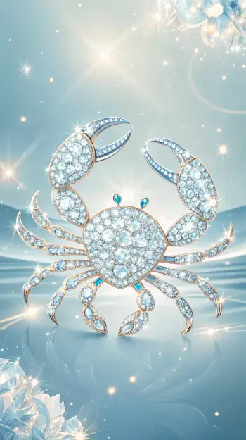 A shimmering crab adorned with sparkling jewels against a soft blue background, representing Cancer in astrology, makes for an enchanting phone wallpaper.