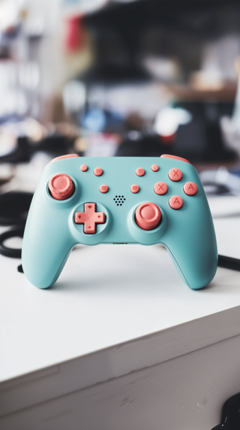 A stylish turquoise controller with coral accents sits on a white surface, surrounded by a blurred background, making for a vibrant phone wallpaper.