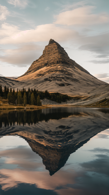 A tranquil mountain peak rises majestically above a reflective lake, surrounded by lush trees and soft clouds, making this an inspiring phone wallpaper.