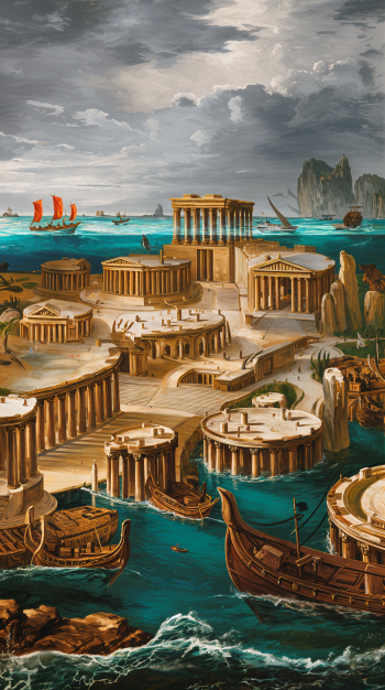 A stunning phone wallpaper depicting the mythical city of Atlantis, featuring grand architecture, ancient ships, and a vibrant blue sea under a dramatic sky.
