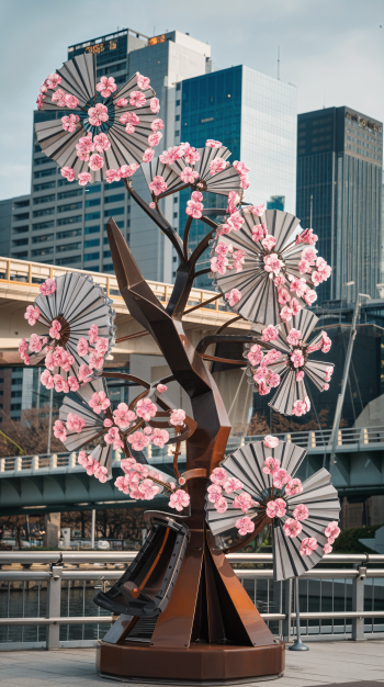 A stylized sculpture of a cherry blossom tree adorned with pink flowers and decorative fans, set against the urban landscape of Osaka, serves as an inspiring phone wallpaper.