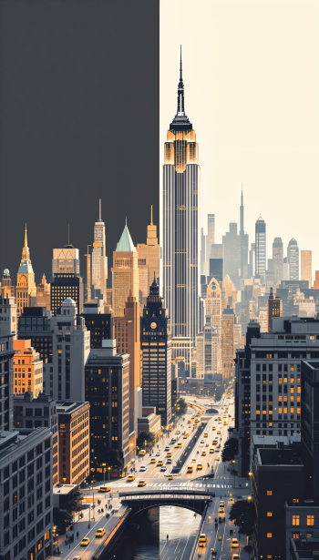 A stunning Manhattan skyline split between day and night, showcasing iconic buildings like the Empire State Building, perfect for a phone wallpaper.