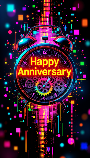 A vibrant phone wallpaper featuring a retro alarm clock with colorful gears and digital patterns, prominently displaying Happy Anniversary in bold, bright letters.