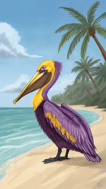 A vibrant purple and yellow pelican stands on a beach beside the ocean, framed by palm trees and a clear sky, making a striking phone wallpaper.