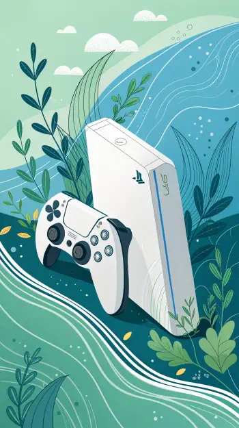 A stylized phone wallpaper featuring a PlayStation console and controller, surrounded by lush greenery and flowing waves in a vibrant color palette.