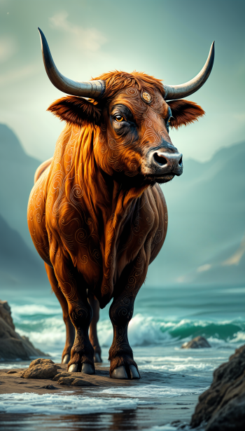 A majestic bull stands on a rocky shore, surrounded by tranquil waters and mountains, embodying the essence of Taurus in this captivating phone wallpaper.