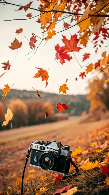 A vintage camera sits on the ground surrounded by vibrant, falling autumn leaves in warm hues, creating a serene phone wallpaper that captures the essence of fall.