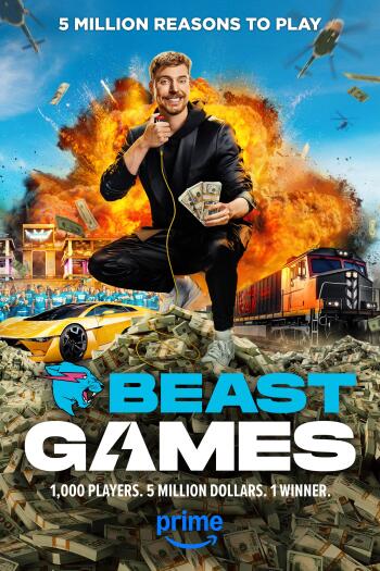 Dynamic phone wallpaper for the TV show Beast Games featuring Mr. Beast, showcasing explosive action, cash, and the tagline 5 million reasons to play.