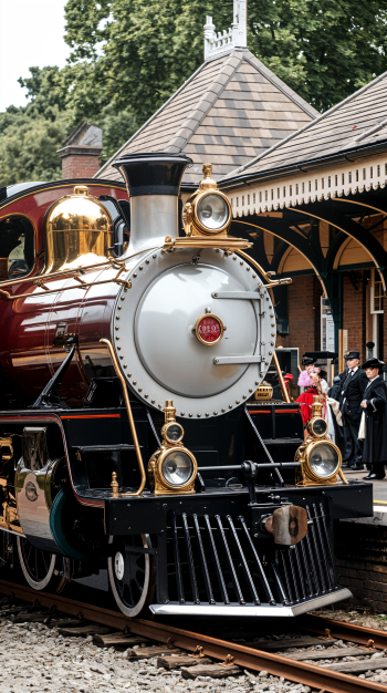 A beautifully detailed locomotive, featuring brass accents and vintage design, stands at a charming station, perfect for a phone wallpaper.