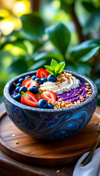 An acai bowl with vibrant purple smoothie, topped with strawberries, blueberries, granola, and whipped cream, surrounded by lush greenery, designed as a phone wallpaper.