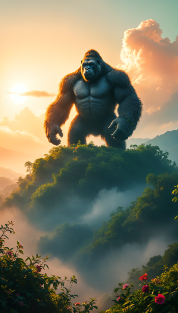 A striking phone wallpaper featuring King Kong standing majestically on a mountain peak, surrounded by lush greenery and a dramatic sunset sky.