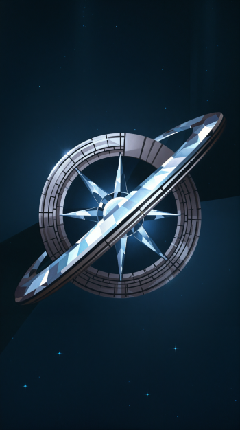 A sleek, modern design featuring a stylized compass surrounded by a ring, set against a dark, starry background, creating a captivating phone wallpaper.