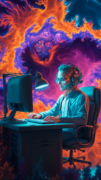 A digital wallpaper featuring a programmer intently focused at their computer, surrounded by vibrant cosmic swirls in shades of purple and orange, creating a dynamic, immersive atmosphere.