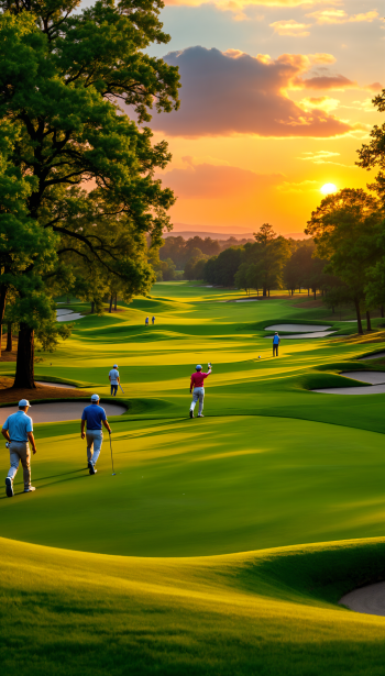 A serene golf course scene at sunset, featuring golfers on lush green fairways, framed by trees. This image captures a perfect golf moment, ideal for a phone wallpaper.