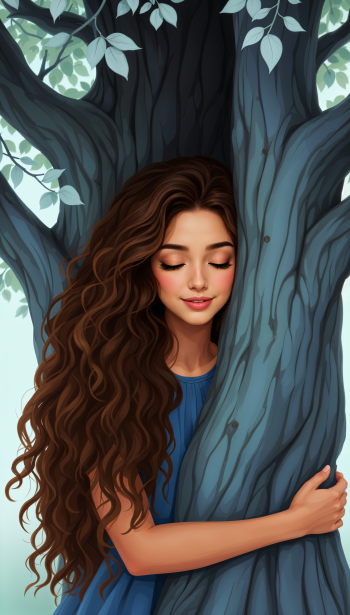A serene digital wallpaper depicts a young woman with long, curly hair embracing a tree, surrounded by soft green leaves, capturing a moment of connection with nature.