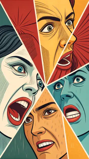 A vibrant phone wallpaper featuring six expressive faces, each displaying intense emotions like anger and surprise, captured in a striking, geometric design.