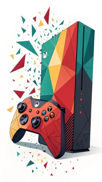 Colorful phone wallpaper featuring a stylized Xbox console and controller, designed with geometric shapes and vibrant tones, bringing gaming aesthetics to your device.