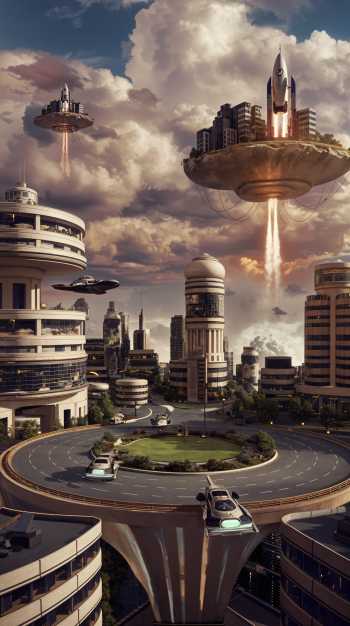 A futuristic cityscape with sleek skyscrapers, hovering vehicles, and rockets launching into a cloudy sky, embodying a dreamlike vision of advanced technology and exploration.