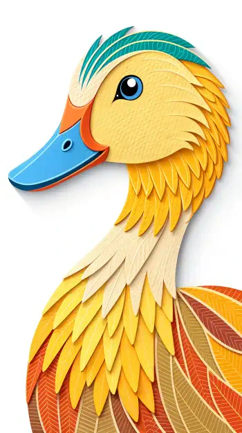 Colorful illustration of a duck with layered feathers in warm hues, designed as a phone wallpaper. The duck features a friendly expression and vibrant blue accents.