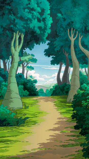 A serene forest trail surrounded by vibrant green trees and lush foliage, offering a calming backdrop for a phone wallpaper. The path leads towards a bright, open sky.