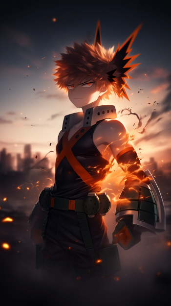 A striking phone wallpaper featuring Katsuki Bakugou from My Hero Academia, showcasing his fiery demeanor against a dramatic sunset backdrop.