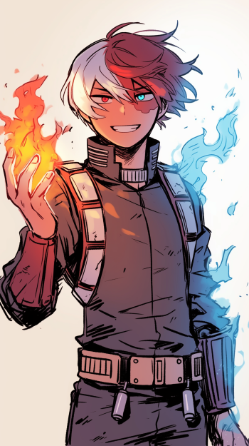 An anime-inspired phone wallpaper featuring Shoto Todoroki from My Hero Academia, showcasing his dual powers of ice and fire with a confident smile.