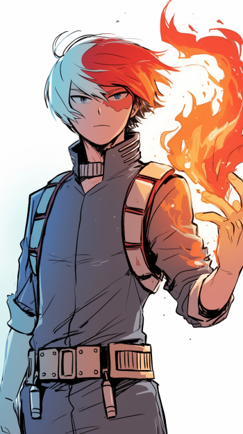 Anime wallpaper featuring Shoto Todoroki from My Hero Academia, showcasing his striking half-ice, half-fire appearance with flames bursting from his hand.