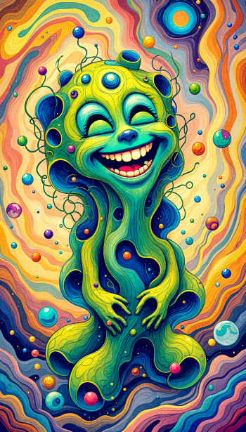 A vibrant, whimsical green creature with a broad smile and sparkling eyes, surrounded by colorful planets and swirling patterns, perfect for a phone wallpaper that brings joy and laughter.