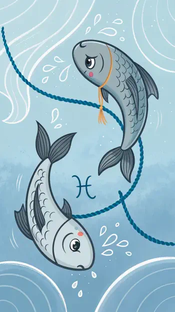 A whimsical phone wallpaper featuring two stylized fish representing Pisces, surrounded by gentle waves and embellished with water droplets.